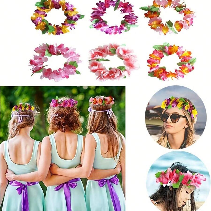 5/10pcs Hawaiian Flower Headband, Tropical Hawaiian Flower Wreath, Summer Beach Pool Party Decor - View 1
