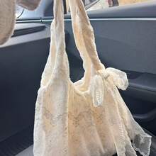 Lace  White Nylon Women's Shoulder Bag, Single Shoulder Bag, Crossbody Bag 2026 New Model White Nylon Women's Shoulder Bag - Open-Top Handbag, Exquisite Lace Embroidery Design, Large Capacity Commuter Bag, Suitable For Daily And Formal Occasions, Cute Embroidery Details, Perfect Christmas Gift, Gift For Girls. - trắng - Xem 4