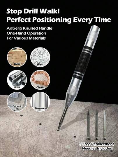 Automatic Center Punch 4PCS Pack Free 3 Replacement Needles - Adjustable Tension Heavy Duty Spring Loaded Hole Punch - Anti-Slip Steel Handle One-Hand Operation For Metal Wood Glass Car Emergency Hand Tool Accessories