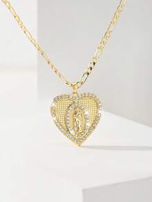1pc Classic European & American Style Copper Inlaid Zirconia Heart-Shaped Guadalupe Virgin Mary Pendant Necklace, Limited Edition, Suitable For Christmas/Thanksgiving/Halloween/Mother's Day/Valentine's Day Gifts, Catholic First Communion, Daily & Holiday Wear, Prayer - Yellow Gold - View 5