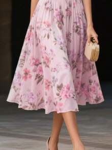 Women's Floral Print Elegant Vintage Zip-Up Pleated Sleeveless Casual Dress, Suitable Spring, Summer, Autumn Vacation - 淺粉色 - 查看 5