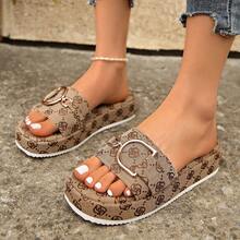 1 par de sandalias planas deslizantes de unicolor elegante con cadena de metal y tela, adecuadas para uso al aire libre en primavera y otoño - Camel - Ver 5