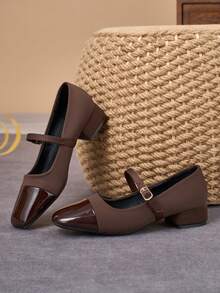 MonaNise Square Toe Low Chunky Heel Work Pumps - Brown - View 6
