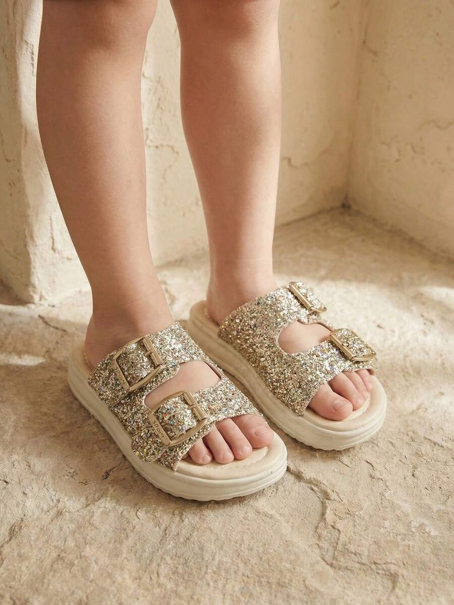 1 Pair Children's Fashion Slippers, Summer Slip-On Gold Sequin Matching Colorful Sequin Sandals, Adjustable Metal Buckle, Versatile Casual, Suitable For Home, Vacation, Outdoor Play - Gold - View 1
