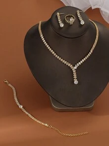 5pcs/Set Girls Necklace Bracelet Earrings Ring Jewelry Set, Fashionable Elegant Luxury Accessories Suitable For Weddings, Daily Decoration - Gold - View 3