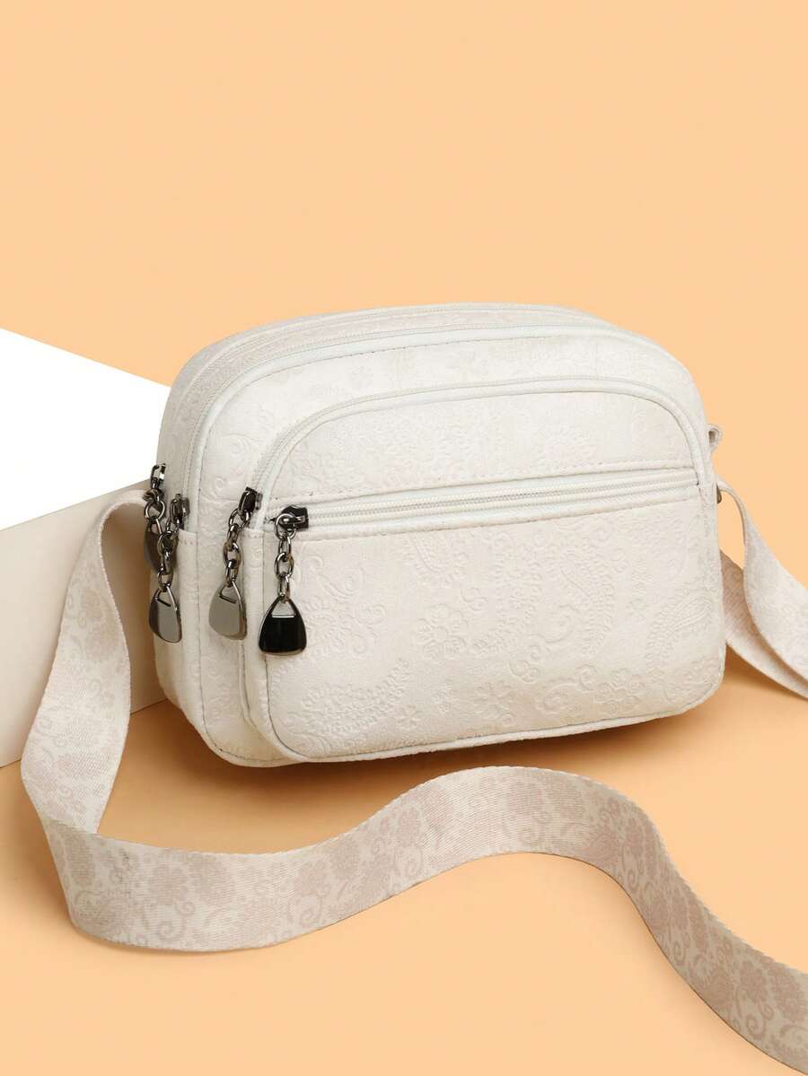 Tas Selempang Retro Warna Maillard, Bahan Kain Suede Imitasi PU, Tali Bahu yang Dapat Diatur, Banyak Kantong, Tas Tangan Wanita untuk Perjalanan Sehari-hari - Putih - View 1