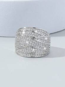 1 pieza Anillo de lujo de moda casual de alta gama con línea ancha cruzada y multicapa de circonita cúbica, adecuado para fiestas, uso diario y como regalo - Líneas anchas que se cruzan - Ver 9