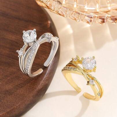 خاتم مفتوح من سبيكة النحاس المرصع بالراين ستون بتصميم هندسي أنيق، إكسسوار متعدد الاستخدامات مناسب للارتداء اليومي والحفلات، خاتم للنساء، إكسسوار صيفي