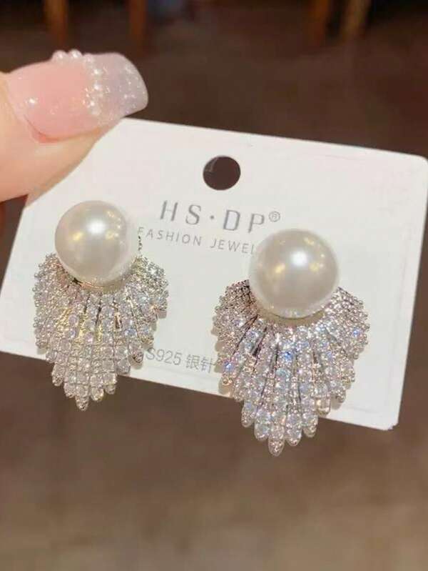 1件复古水钻珍珠耳环，夸张时尚奢华优雅女士耳环