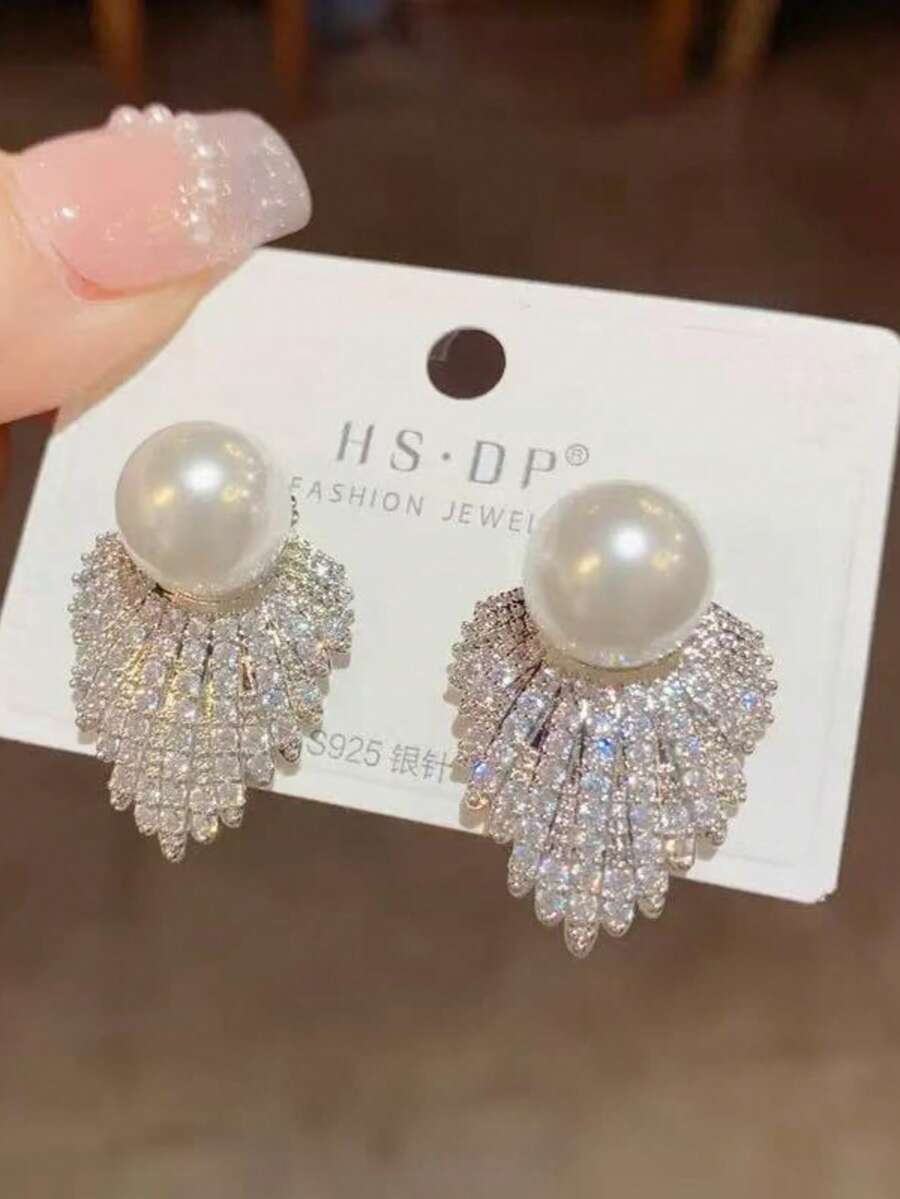 1件复古水钻珍珠耳环，夸张时尚奢华优雅女士耳环 - 彩色 - 查看 1