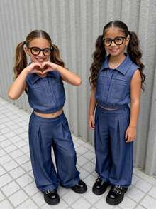 8-12 Years Old Girls' Fashionable Sweet Casual 2-Piece Set, Solid Color Denim Effect Print Collared Shirt And Matching Loose Straight Leg Pants, Spring/Summer - Blue - View 2