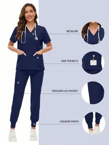 Scrubs Women Nursing Beauty SPA Scrubs Pet Clinic Store Veterinary Dentistry Work Clothes Set High-Quality Nurse Scrub Spring Black - Màu xanh hải quân - Xem 2