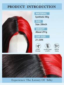 黑色和红色合成假发,女士长款4*2 U型蕾丝卷发波浪可爱假发,中分发型,适合万圣节、角色扮演、日常派对等场合,28英寸,易于佩戴。 - 挑染紅色 - 查看 7