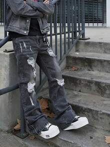 Men's Flare Jeans - Flared Stretch Denim Jeans, Casual Comfortable Distressed Stretch Jeans, Gothic Style Suitable Zipper Hem Jeans, Y2K Grey Skinny Stretch Fashion Jeans - Grey - View 4