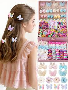 463件/套 多彩蝴蝶结发夹，可爱卡通蝴蝶发夹，花朵发饰，时尚简约发圈，发绳和弹力发带，经久耐用，呵护秀发，是送给女孩的最佳礼物，适合开学季 - 混合色 - 查看 2