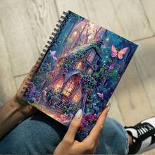 1 Pcs A5 Notebook With Spiral Binding, Featuring Forest Fairy House Surrounded By Flowers & Butterflies, Suitable For Students, Office, Daily Notes, Best Gift For Family, Friends, And Girly Enthusiasts - A5 - View 3