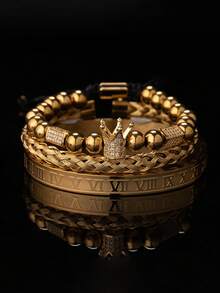 3pcs Stainless Steel Imperial Crown Bracelet, Men's Gold Roman Numeral Adjustable Cuff Bracelet, Luxury Jewelry Gift, Gold/Silver/Black, Waterproof, Sweat-Proof, Hypoallergenic, Fade-Resistant - Sztz025 - View 5