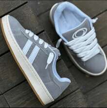 Women's Campu Men's Chunky Skater Shoes With Thick Laces, Black, Stitched Sole, Basic, Cutout/Cut-Out, Lace-Up, Outdoor, School, Holiday - 灰色 - 查看 1