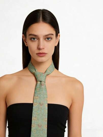  1条复古印花领带，手工制作，正式/休闲配饰，绿色花卉动物图案，男女皆宜。