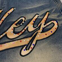 Vale Valley Forever  JORTS Rhinestone Big Letter Graphic Denim Shorts, Vintage Y2K Hip Hop Baggy Fit Streetwear Tee For Men Women, Washed Distressed Frayed Hem Casual Denim Bottoms For Summer Festival Daily Wear - 藍色 - 查看 4