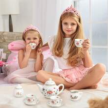 Juego de té de porcelana para niñas, juego de fiesta de té para niñas pequeñas, juego de té para niños, juego de cocina de simulación, juego de té de princesa con tazas de tetera, estuche de - 1 - Ver 2