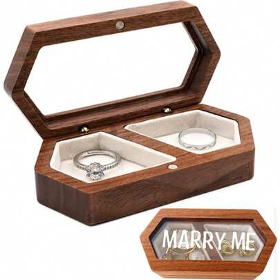 1pc Wooden Double-Ring Box, Jewelry Storage Box, Includes Sticker Wooden Ring Box, DIY Decorative Wooden Box, Engagement Ring Holder Box, Bridal Gift Box, Suitable For Engagement, Wedding Ceremony, Ring Carrying Case, Valentine's Day, Mother's Day, Christmas, Romantic Gift For Women