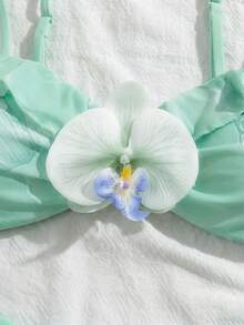3 Stücke Damen Blumen Muster elegantes sexy rückenfreies Schleife Knoten 3D Blume Bikini Set, geeignet für Strand & Resort Tragen, Frühling/Sommer Urlaub - Kadettenblau - Übersicht 7