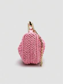 1个编织包，夏季新品，女士包包，金属手柄迷你斜挎拉链编织包，草编小包，休闲女士手提包，单肩包，斜挎包，非常适合夏季海滩度假，配有可拆卸肩带 - 玫紅色 - 查看 4