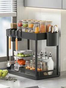 1 chiếc kệ đựng đồ 2 tầng dưới bồn rửa, kệ bếp, kệ sắp xếp đồ dùng nhà bếp, phụ kiện tủ đựng thực phẩm, ngăn kéo trượt phía dưới, giỏ đựng đồ trong ngăn kéo, kệ đựng gia vị nhà bếp, thích hợp để đựng dụng cụ nhà bếp, gia vị, bát đĩa, cốc chén, đồ dùng vệ sinh cá nhân, mỹ phẩm. - màu đen - Xem 3