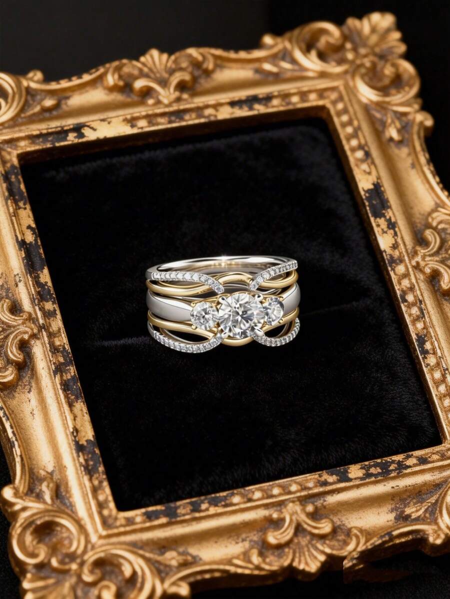 Bộ 2 chiếc nhẫn mạ vàng bạc, đính 3 viên đá tương phản, nhẫn nhiều lớp sang trọng đính đá Cubic Zirconia, trang sức tinh tế cho ngày thường, nhẫn đính hôn, nhẫn cưới, nhẫn hẹn hò, quà tặng cho nàng. - Vàng - Xem 1