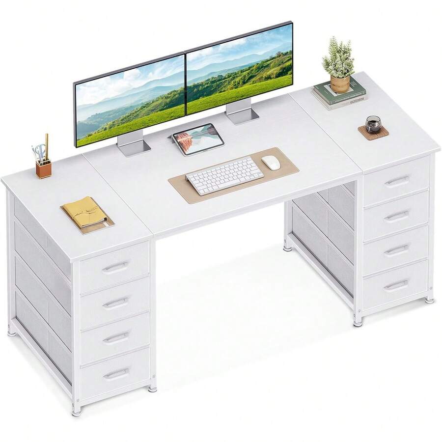 Computer Desk With Drawers, 140x48cm Modern Office Desk With Storage, Small Study Table Home Office, White - White - View 1