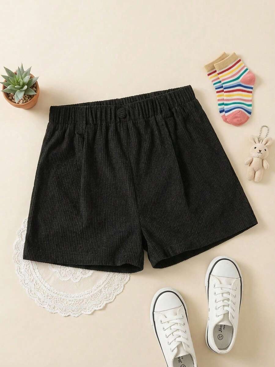 少女纯色常规版型休闲短裤，春夏儿童服装，适合日常穿着。(JH25054) - 黑色 - 查看 1