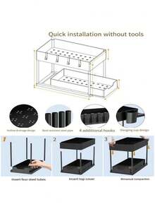 1 chiếc kệ đựng đồ 2 tầng dưới bồn rửa, kệ bếp, kệ sắp xếp đồ dùng nhà bếp, phụ kiện tủ đựng thực phẩm, ngăn kéo trượt phía dưới, giỏ đựng đồ trong ngăn kéo, kệ đựng gia vị nhà bếp, thích hợp để đựng dụng cụ nhà bếp, gia vị, bát đĩa, cốc chén, đồ dùng vệ sinh cá nhân, mỹ phẩm. - màu đen - Xem 11