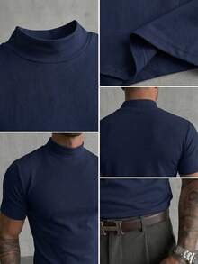 GRDR Men's Solid Color Stand Collar Short Sleeve Casual Versatile T-Shirt - Navy Blue - View 6