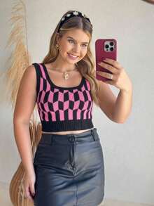Cropped Top Tricot Feminino Estampa Losango Xadrez Moda Casual Verão Confortável PINK - Pink - Visão 1
