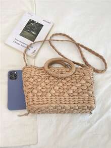 Túi tote 2 trong 1 có dây rút, làm từ rơm giấy tự nhiên, họa tiết hình thoi, thích hợp cho kỳ nghỉ, đi biển, đi làm hàng ngày, dã ngoại mùa xuân/hè. - Màu Khaki - Xem 11