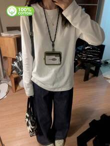 Áo thun nữ dài tay cổ tròn màu trắng 230g, mẫu mới 2026, áo thun dài tay nữ mùa xuân/thu, kiểu dáng đôi, mặc trong/ngoài, áo thun dài tay mùa xuân dáng rộng màu trắng cho nữ, áo lót mặc mùa thu/đông, kiểu dáng thường ngày. - trắng - Xem 2