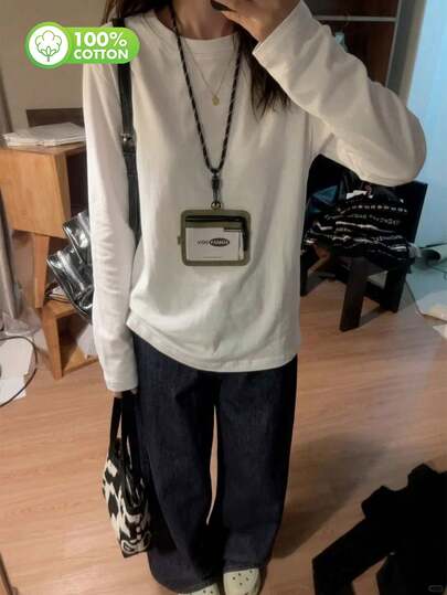 230克 100%纯棉 女士白色圆领长袖T恤，2026新款女士春秋长袖T恤，情侣款，内搭/外穿，春季纯棉长袖T恤 女士宽松白色上衣，秋冬保暖内衣