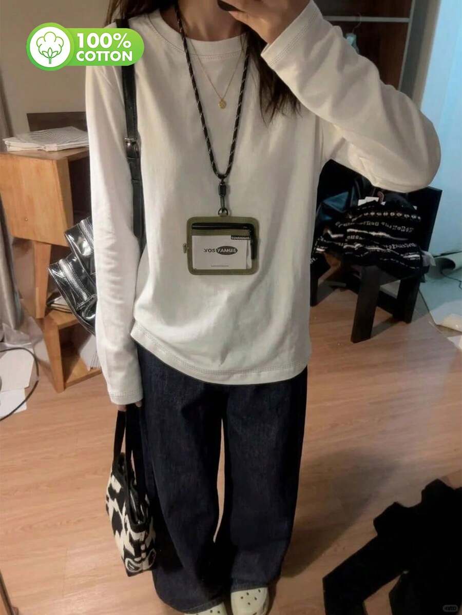 Áo thun nữ dài tay cổ tròn màu trắng 230g, mẫu mới 2026, áo thun dài tay nữ mùa xuân/thu, kiểu dáng đôi, mặc trong/ngoài, áo thun dài tay mùa xuân dáng rộng màu trắng cho nữ, áo lót mặc mùa thu/đông, kiểu dáng thường ngày. - trắng - Xem 1