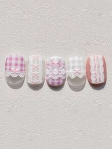 1 hoja de pegatinas de uñas 5D, lazos dulces, encaje rosa, pegatinas de arte de uñas con forma de corazón autoadhesivas, calcomanías de uñas DIY - Multicolor - Ver 4