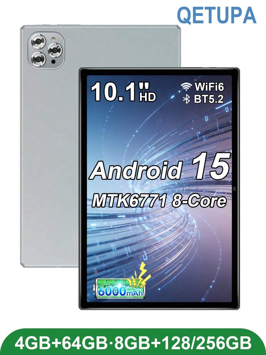 Qetupa Y20 10.1英寸安卓15平板电脑，搭载MTK6771八核2.0GHz处理器，4GB RAM + 64GB ROM或8GB RAM + 128GB/256GB ROM（支持最高1TB SD卡扩展），配备(1280x800) IPS触控屏、500万像素前置摄像头和1300万像素后置摄像头、6000mAh电池、蓝牙5.2、802.11ax Wi-Fi 6、GPS以及Type-C充电接口。不支持SIM卡。
