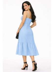 Long Dress In Viscose Linen, Plain, With Thin Straps, Buttons Down The Front, Padded Cups And Lining. Elasticated Back. - Baby Blue - View 5