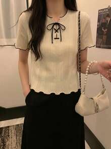 Summer Color-Blocked Slim-Fit Tie Neckline Women's Short-Sleeved Knit Top With Ruffled Trim - Apricot - View 4