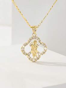 14K Gold Plated Anti-Oxidation Anti-Fading Four-Leaf Clover Virgin Mary And Judas Necklace, 60cm Figaro Chain Structure Sturdy And Smooth Adjustable, Delicate Four-Leaf Clover Outline, High-Definition Virgin Mary And Judas Image, Secure Zirconia Inlay. An Ideal Gift For Religious Friends, Girlfriends And Elders, Symbolizing Good Luck And Faith Memorial Value. - Judah - View 3