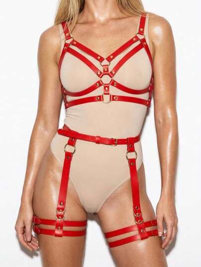 1 Set Women's Sexy Gothic Red Punk Crop Top Vest With Straps, Waist Cincher And Leg Harness, PU Corset, Suitable For Music Festivals, Parties, Clubs