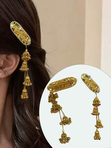 1个女士水钻椭圆形花朵流苏铃铛发夹，奢华侧边鸭嘴夹发饰 - 彩色 - 查看 5