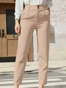 Women's Casual Business Solid Color High Waist Double Button Design Slant Pocket Slim Fit Skinny Pants - Màu Khaki - Xem 2
