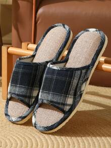 男士格子基础款面料不对称/简约家居拖鞋，适合春、秋、冬季穿着 - 黑色 - 查看 5