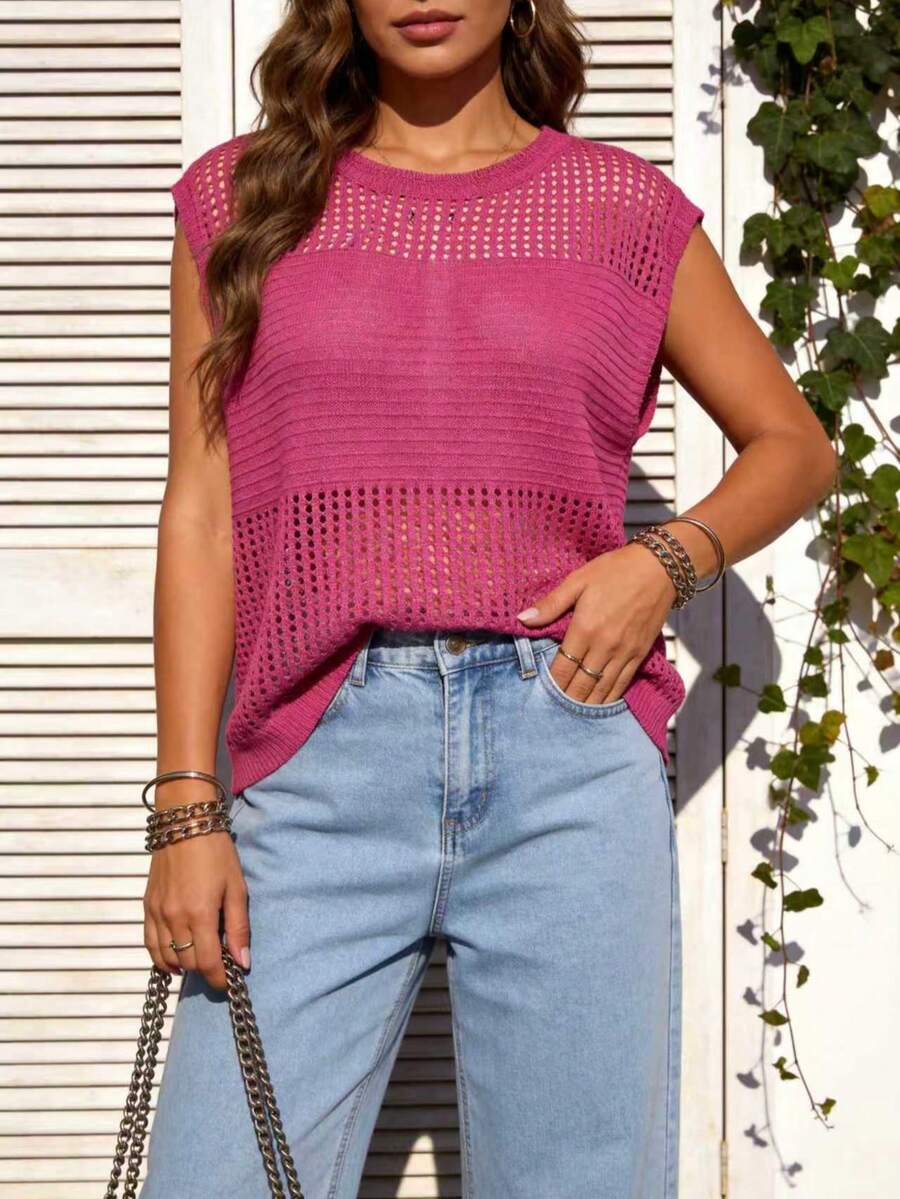 Plus Size Casual Solid Color Crew Neck Knit Top, Spring/Summer - Plum Red - View 1
