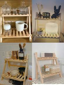 1个可折叠双层木制花架，桌面三角形种植架，适用于多肉植物和盆栽，打开即可使用 - 查看 1